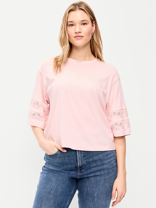 Image number 6 showing, Vintage Crew-Neck Cropped Lace-Trim T-Shirt