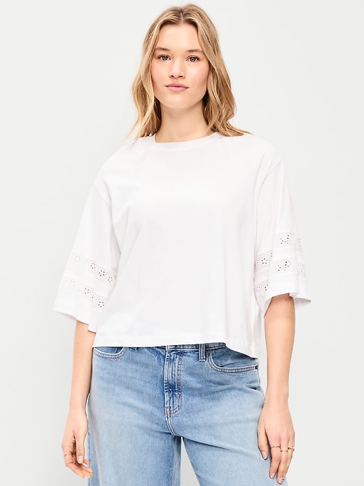 Image number 6 showing, Vintage Crew-Neck Cropped Lace-Trim T-Shirt