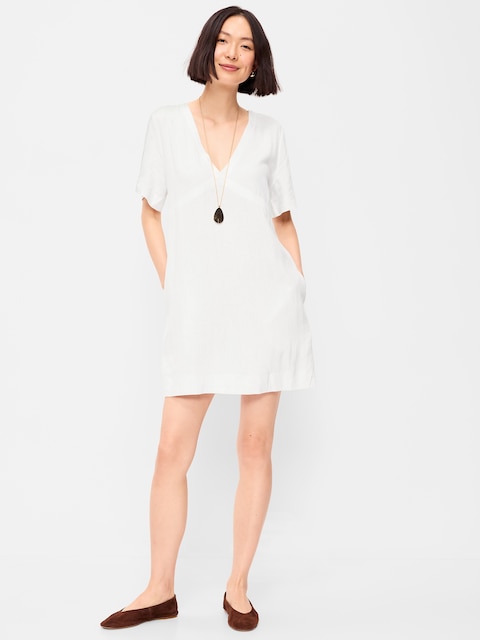 Short-Sleeve Linen-Blend Mini Shift Dress
