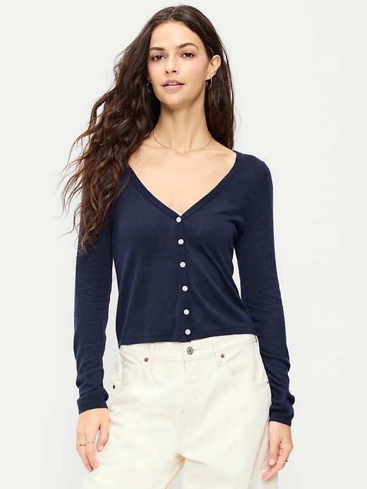 Image number 1 showing, V-Neck Long-Sleeve Sheer Cropped Cardigan