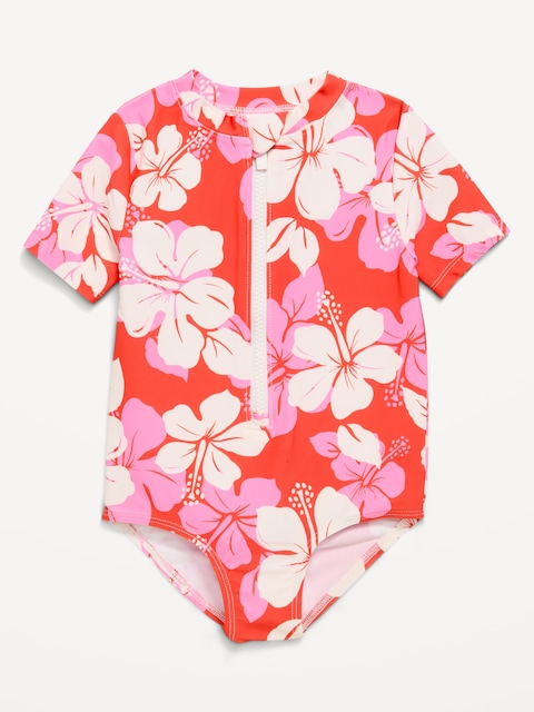 Zip-Front Rashguard One-Piece Swimsuit for Toddler Girls