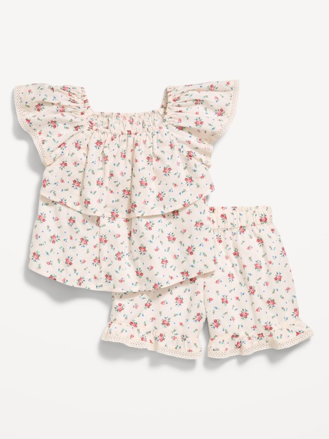 Printed Short-Sleeve Ruffled Top and Shorts Set for Toddler Girls