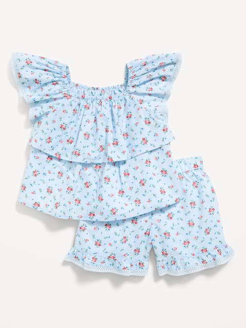 Printed Short-Sleeve Ruffled Top and Shorts Set for Toddler Girls