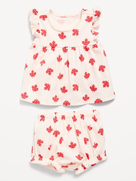 L'image numéro 2 présente Ensemble avec short et haut côtelés à manches flottantes pour bébé