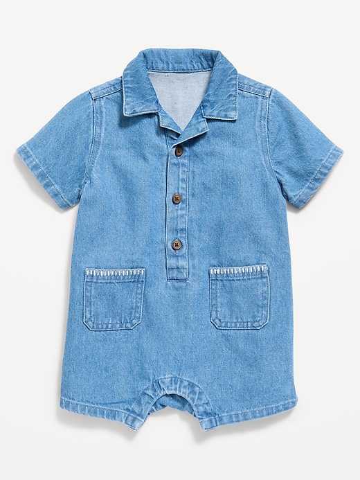 Image number 1 showing, Short-Sleeve Denim Romper for Baby