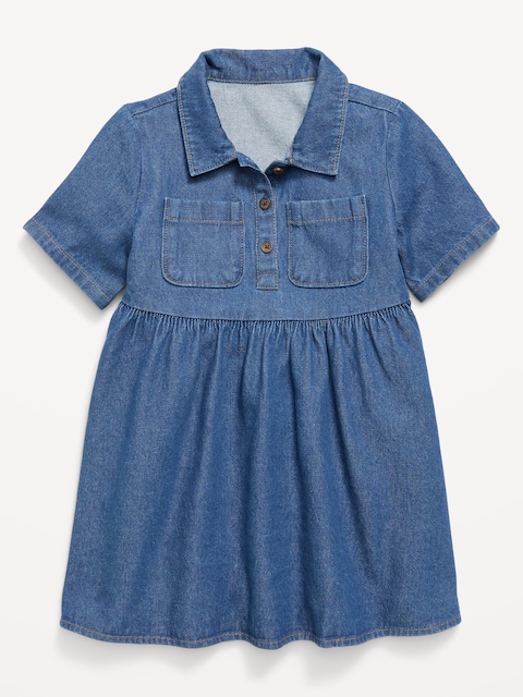Short-Sleeve Denim Shirt Dress for Toddler Girls