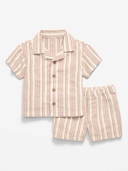 L'image numéro 1 présente Ensemble chemise à rayures à manches courtes et short pour bébé