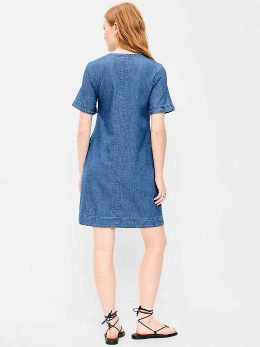 Image number 2 showing, Short-Sleeve Denim Mini Shift Dress