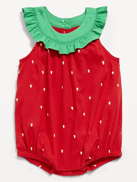Image number 1 showing, Printed Sleeveless Ruffled Collared Romper for Baby