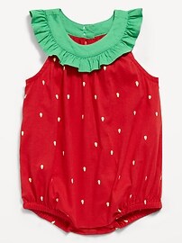 Image number 1 showing, Printed Sleeveless Ruffled Collared Romper for Baby