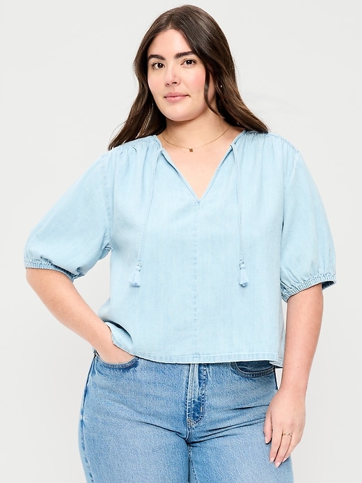 Image number 5 showing, Short-Sleeve Beaded Denim Top