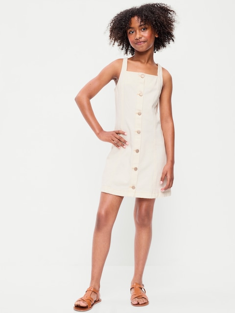 Sleeveless Fit and Flare Button-Front Jean Dress for Girls