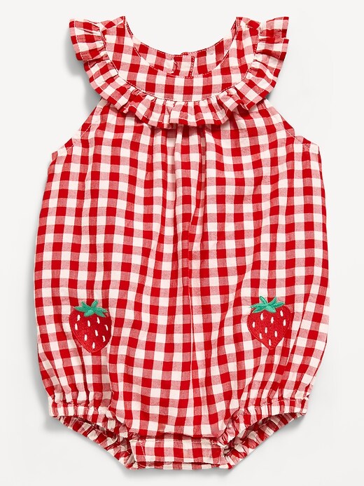 Image number 1 showing, Printed Sleeveless Ruffled Collared Romper for Baby