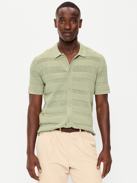Short-Sleeve Open-Knit Sweater Shirt