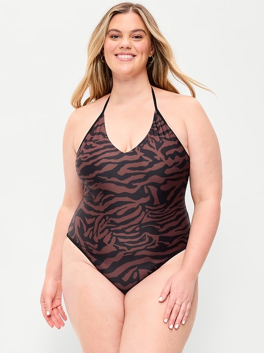 Image number 7 showing, Pique V-Neck Halter Swimsuit