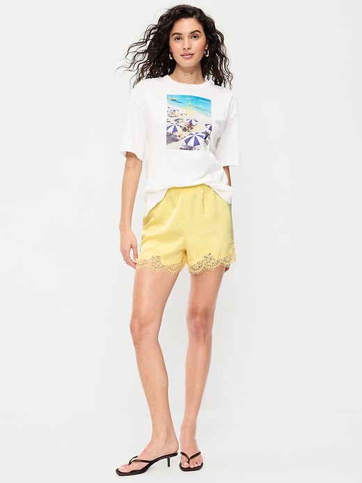 Image number 1 showing, High-Waisted Lace-Trim Satin Shorts