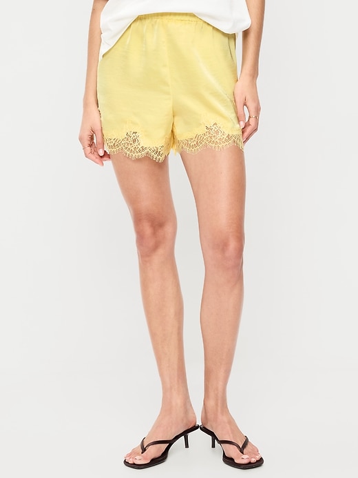Image number 2 showing, High-Waisted Lace-Trim Satin Shorts
