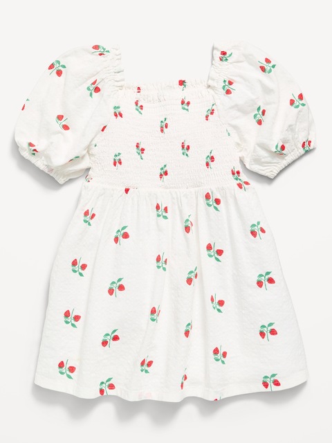 Printed Fit and Flare Puff-Sleeve Smocked Dress for Toddler Girls