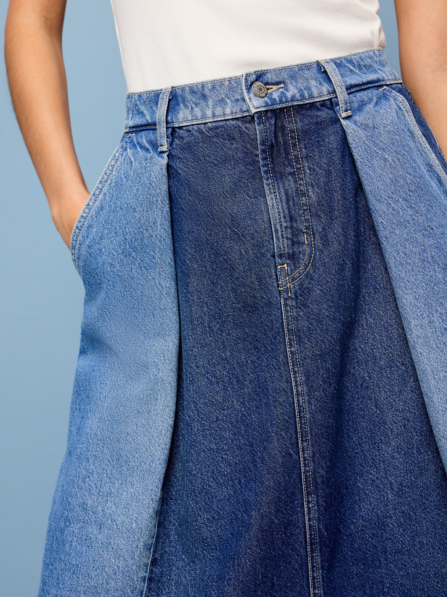 Reconstructed Pleated Denim Midi Skirt
