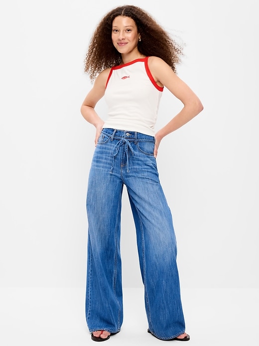 Image number 1 showing, High-Waisted Baggy Wide-Leg Drawstring Jeans