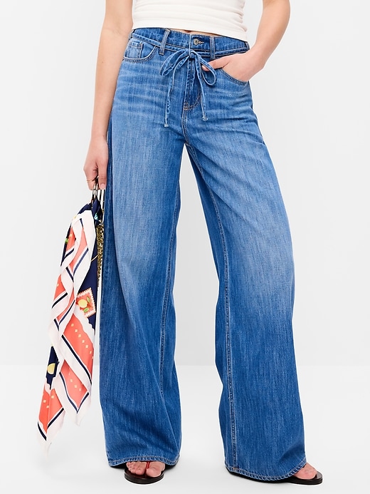 Image number 2 showing, High-Waisted Baggy Wide-Leg Drawstring Jeans