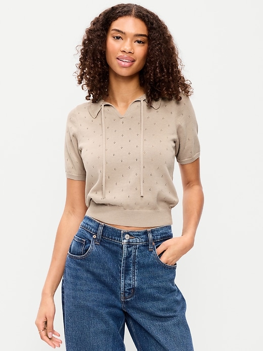 Image number 3 showing, Tie-Front Seaside Cotton Pointelle Cropped Polo