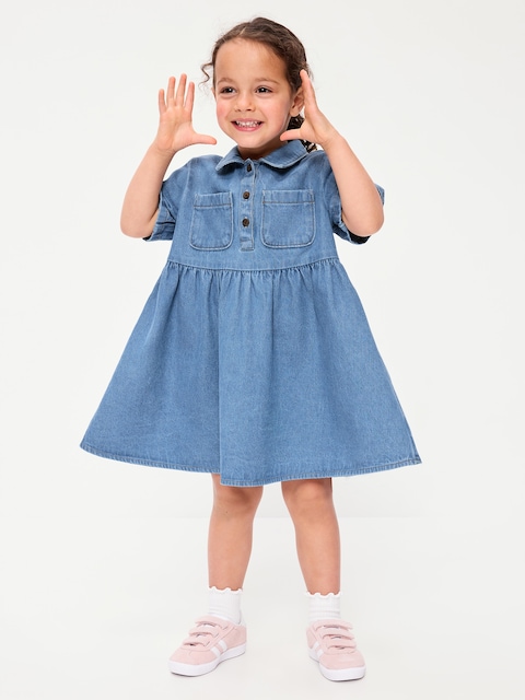 Short-Sleeve Denim Shirt Dress for Toddler Girls