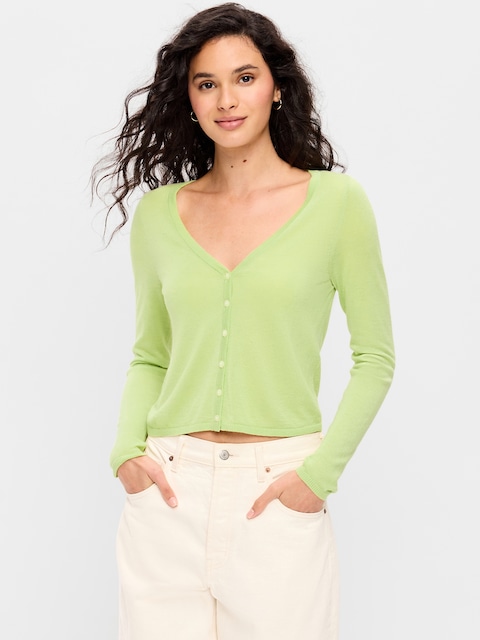 Merino Wool-Blend Sheer Cropped V-Neck Cardigan