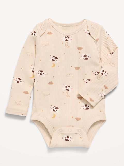 Printed Unisex Long-Sleeve Ribbed Bodysuit for Baby