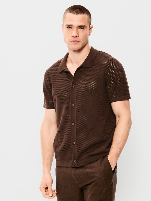 Image number 1 showing, Short-Sleeve Open-Knit Sweater Shirt