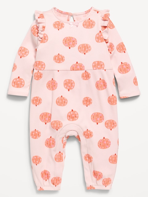 Printed Long-Sleeve Ruffle-Trim One-Piece for Baby