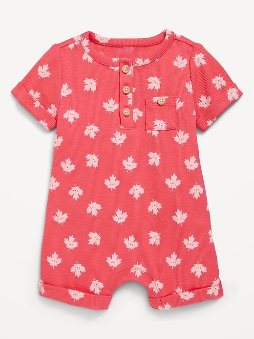 Image number 1 showing, Printed Ribbed Henley Pocket One-Piece Romper for Baby