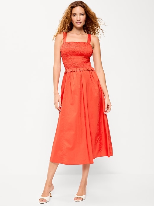 L'image numéro 1 présente Robe mi-longue ajustée et évasée à corsage smocké