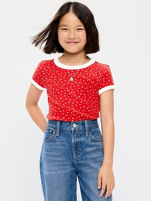 L'image numéro 1 présente T-shirt ajusté côtelé à bords contrastants à manches courtes pour fille