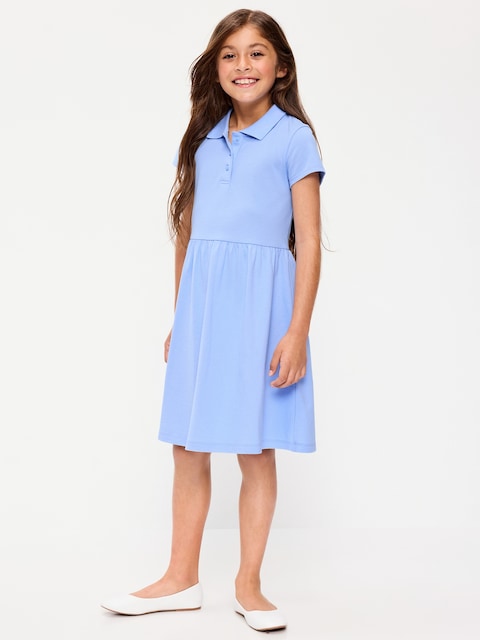 School Uniform Fit and Flare Pique Polo Dress for Girls
