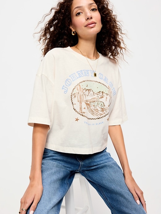 Image number 1 showing, Crew-Neck Oversized Crop Graphic T-Shirt
