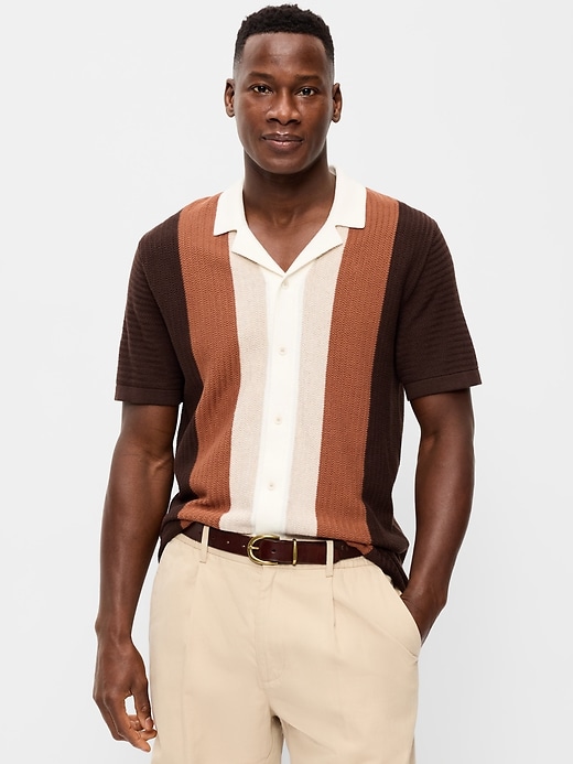 Image number 1 showing, Short-Sleeve Striped Camp Sweater Shirt