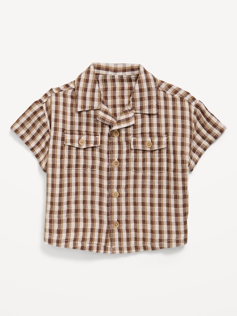 Short-Sleeve Textured Double-Weave Cotton Shirt for Baby