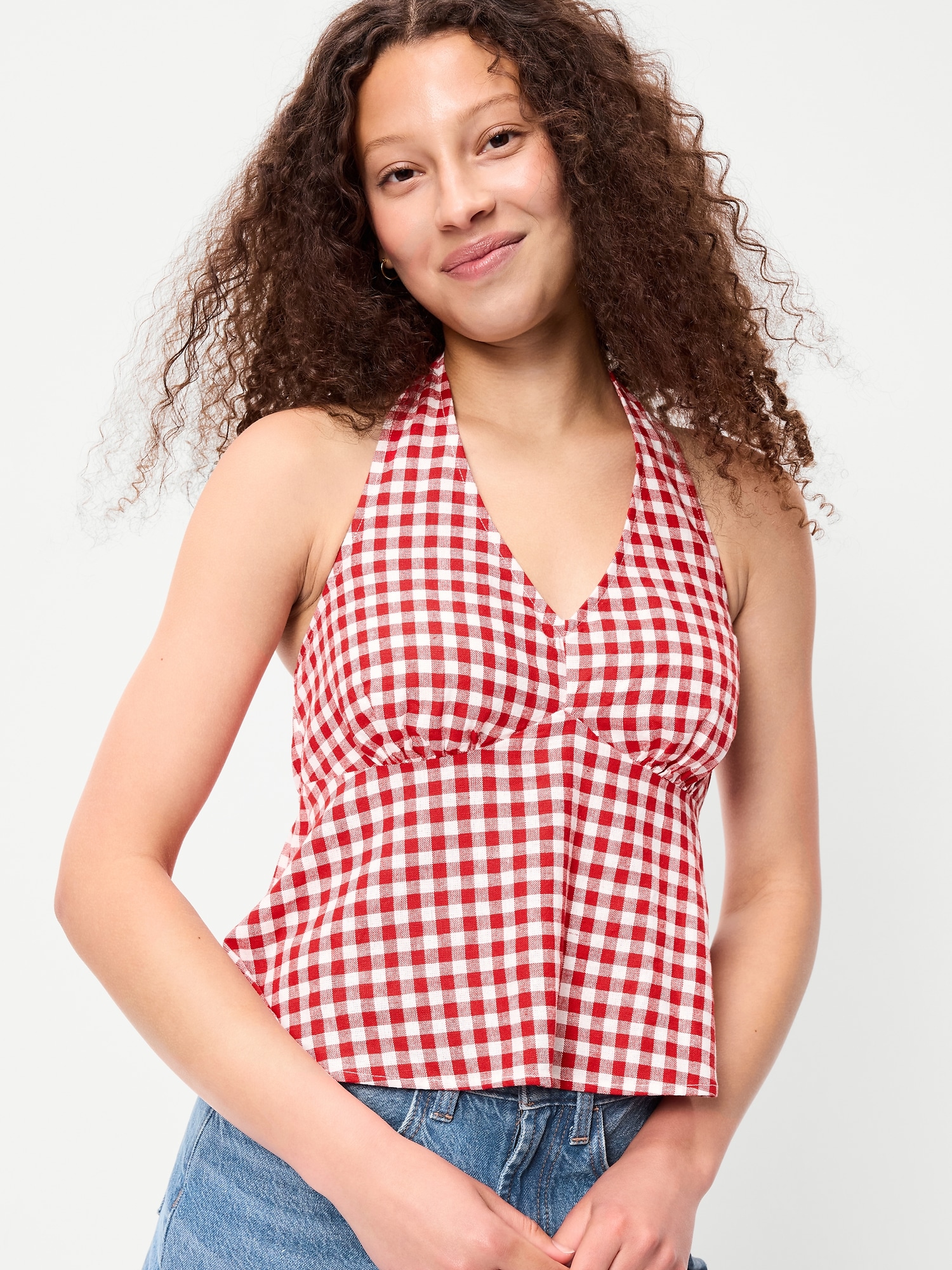 Linen-Blend V-Neck Halter Top