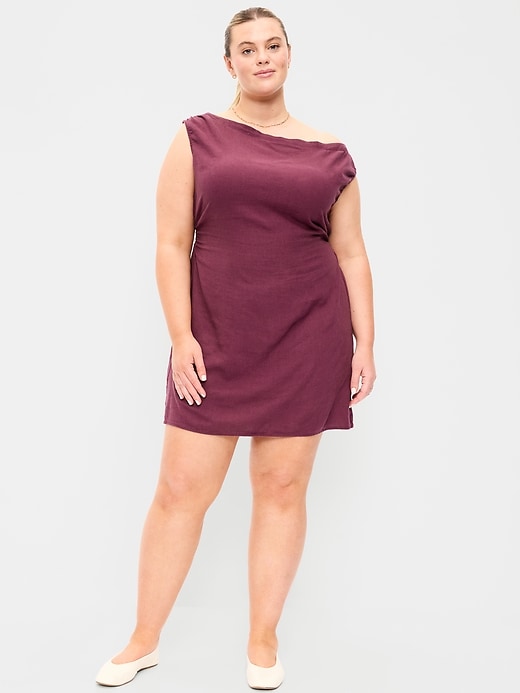 Image number 7 showing, Asymmetrical Shoulder Linen-Blend Mini Dress