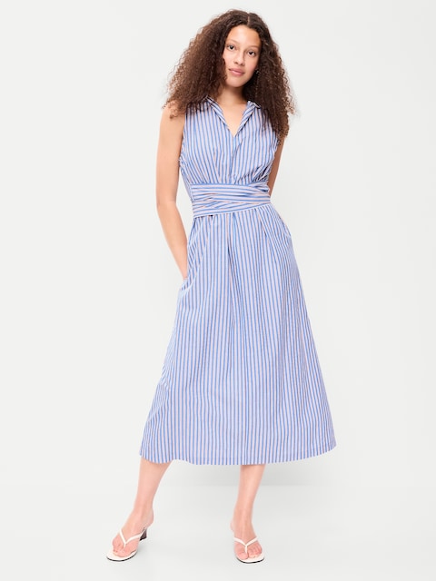 Sleeveless Wrap-Waist Midi Shirt Dress