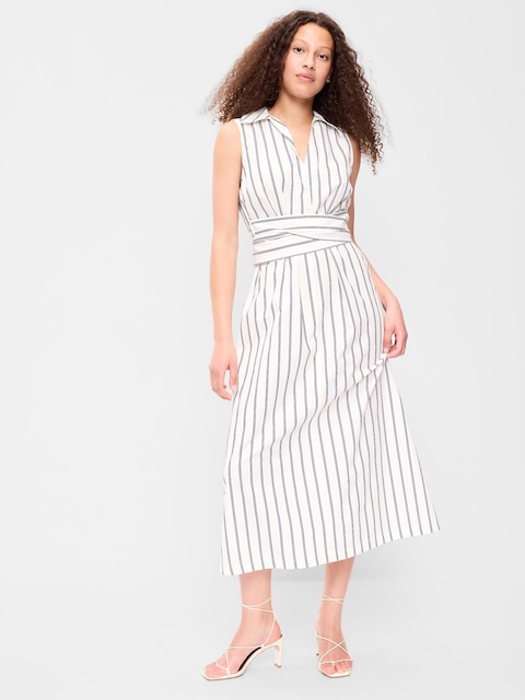 Sleeveless Wrap-Waist Midi Shirt Dress