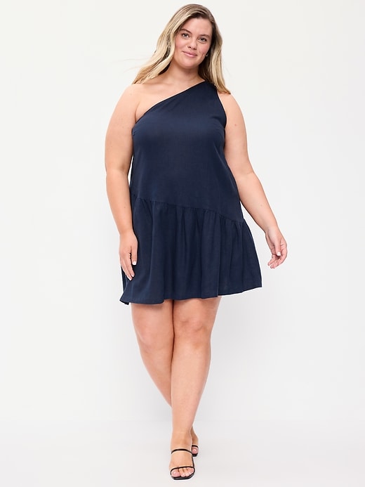 Image number 8 showing, One-Shoulder Asymmetrical Linen-Blend Mini Dress
