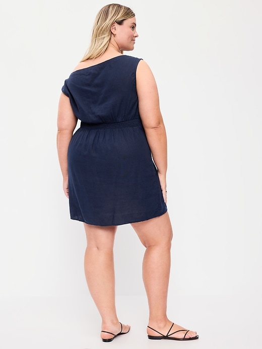 Image number 9 showing, Asymmetrical Shoulder Linen-Blend Mini Dress