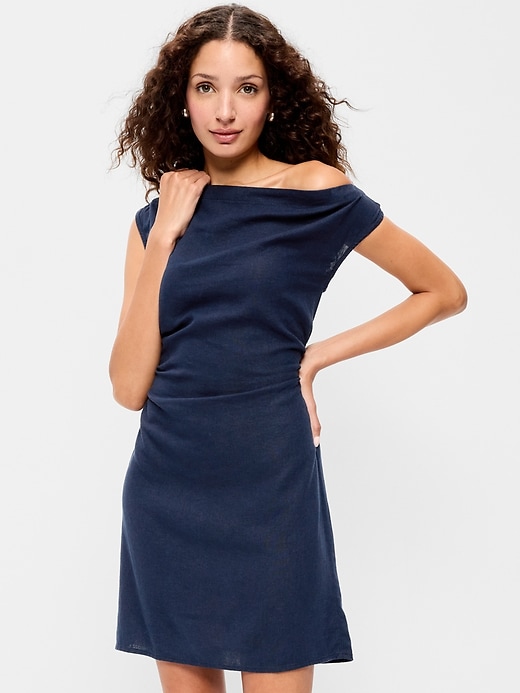 Image number 3 showing, Asymmetrical Shoulder Linen-Blend Mini Dress