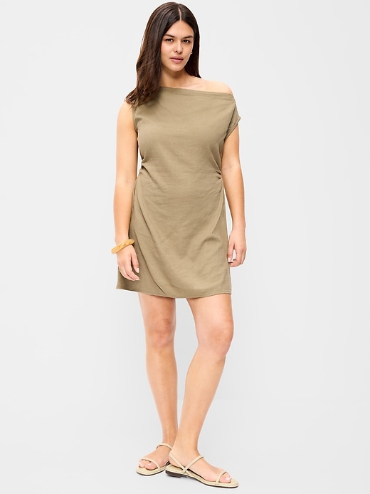 Image number 6 showing, Asymmetrical Shoulder Linen-Blend Mini Dress