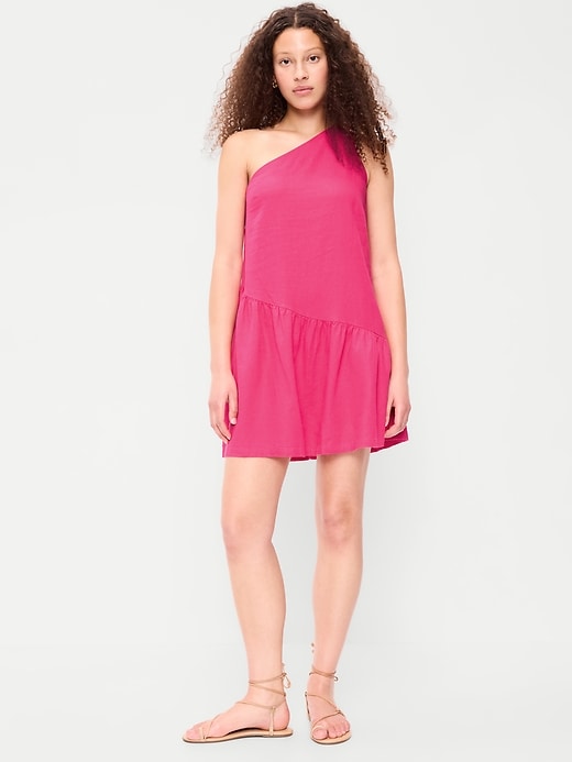 Image number 3 showing, One-Shoulder Asymmetrical Linen-Blend Mini Dress