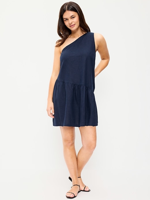 Image number 6 showing, One-Shoulder Asymmetrical Linen-Blend Mini Dress