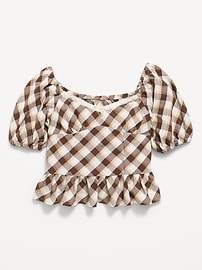 Image number 2 showing, Fitted Short Puff-Sleeve Crinkled Plaid Top for Girls