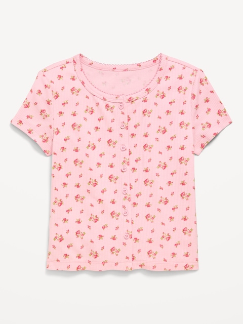 Fitted Short-Sleeve Ribbed Button-Front Top for Girls